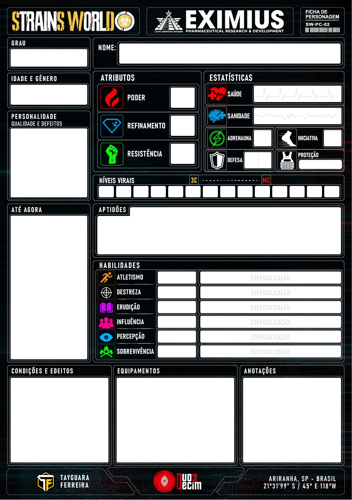 Ficha de personagem de STRAINS WORLD, modelo oficial enviado ao projeto